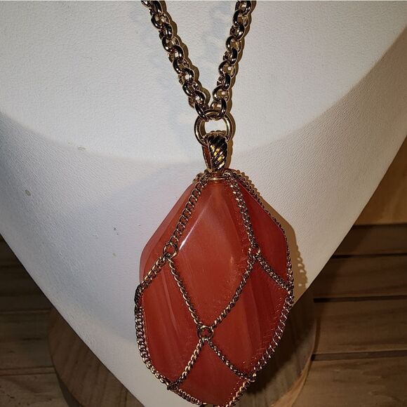 Joan Rivers Chain Wrapped Faux Stone Orange Crystal Pendant Necklace NWOT - Picture 2 of 5